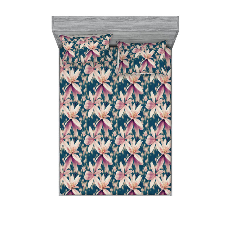 Ambesonne Fitted Sheet & Shams, Queen Sheet Set with 2 Pillowcases, Blue/Pale Purple Flower