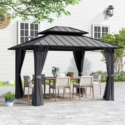 Double Roof Hardtop Metal Patio Gazebo with Curtains and Netting
