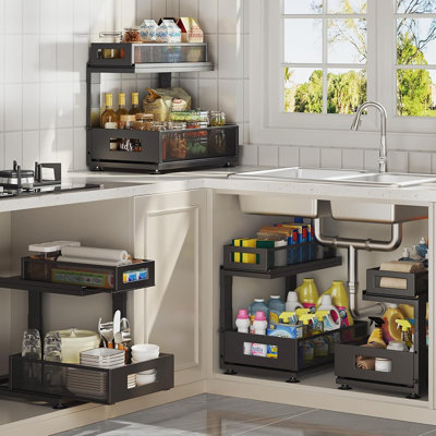 Ensemble de rangement sous l'évier - ensemble de rangement coulissant à 2 niveaux avec glissières à roulement à billes de nouvelle génération - Tablettes réglables en hauteur pour la cuisine, la salle de bain, la buanderie, l'armoire et le garde-manger (brevet en instance)