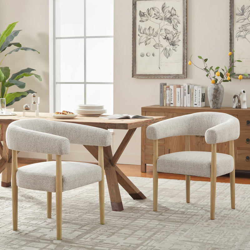 19.3" Seat Height Upholstered Side Dining Armchair with Solid Wood Legs, Beige