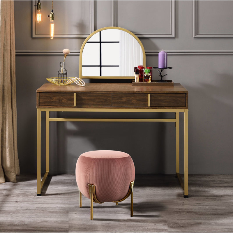 Bureau de meuble-lavabo rectangulaire en noyer et doré avec structure en métal, plateau à bijoux avec miroir inclus, 2 tiroirs de rangement en panneau de particules, hauteur de 50 pouces et avec, inclus, tiroirs,