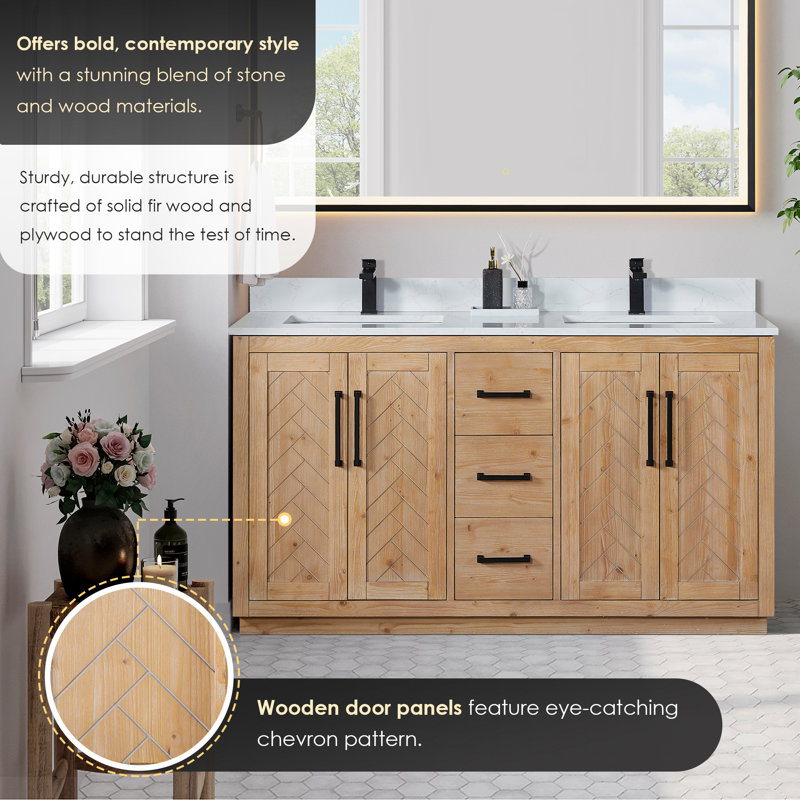Anais 60" Double Bathroom Vanity with Grain White Engineered Stone Countertop with Mirror