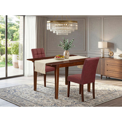 3 Piece Mid Century Dining Set consists A Wooden Table and 2 Burgundy Polyester Fabric Mid Century Modern Dining Chairs, Mahogany