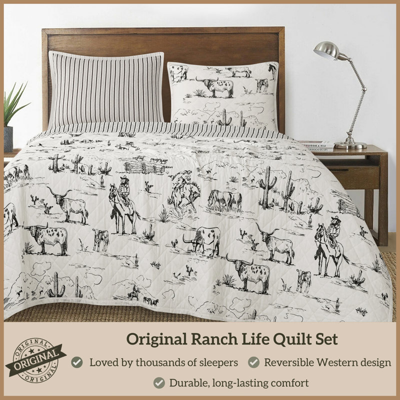 Ranch Life White/Black Cotton Reversible Western Rustic Farmhouse 3 Piece Quilt Set, King Quilt + 2 King Shams