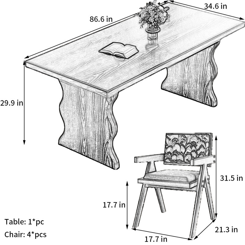 Ensemble de salle à manger Black Wood, H 29,9 po x L 86,6 po x l 34,6 po