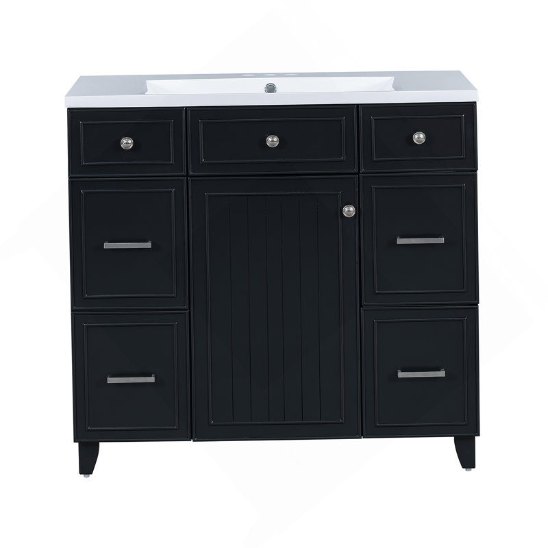 Ensemble de meuble-lavabo de salle de bain 36 "avec comptoir de lavabo, noir, lavabo simple, armoire avec porte à fermeture douce et 3 tiroirs