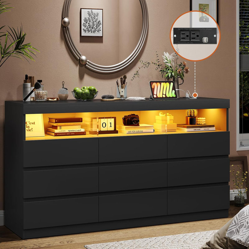 9 Drawer LED Dresser with Charging Station for Bedroom