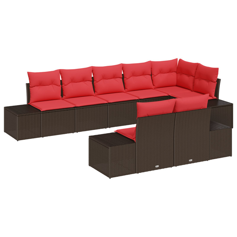 vidaXL Garden Sofa Set with Cushion 8 pcs Brown Poly Rattan, Brown Frame/Red Cushion