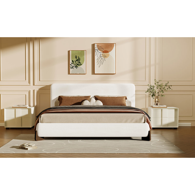 Elegant Terry Upholstered Bed With Dark Brown Solid Wood Legs, Luxurious And Comfortable Bedroom Centerpiece, King Size, White