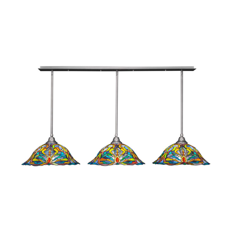 Luminaire suspendu linéaire sur pied 3 lumières avec verre d'art kaléidoscope 19 ", Nickel brossé