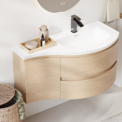 35" Wall-Mounted Curved Natural Bathroom Vanity with Stone Resin Top, Undermount Sink & Single-Hole Faucet Opening