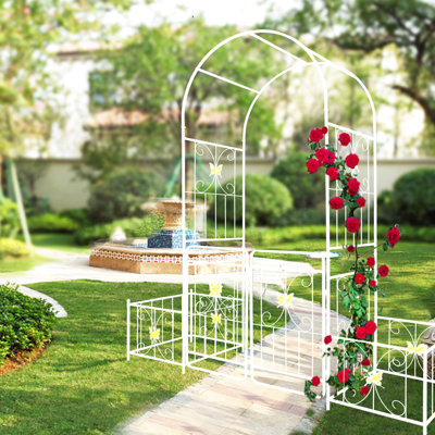 79.5''X86.6'' Metal Garden Arch, Cream With Gate, Adds Outdoor Arch 79.5" X 86.6" High, Grace