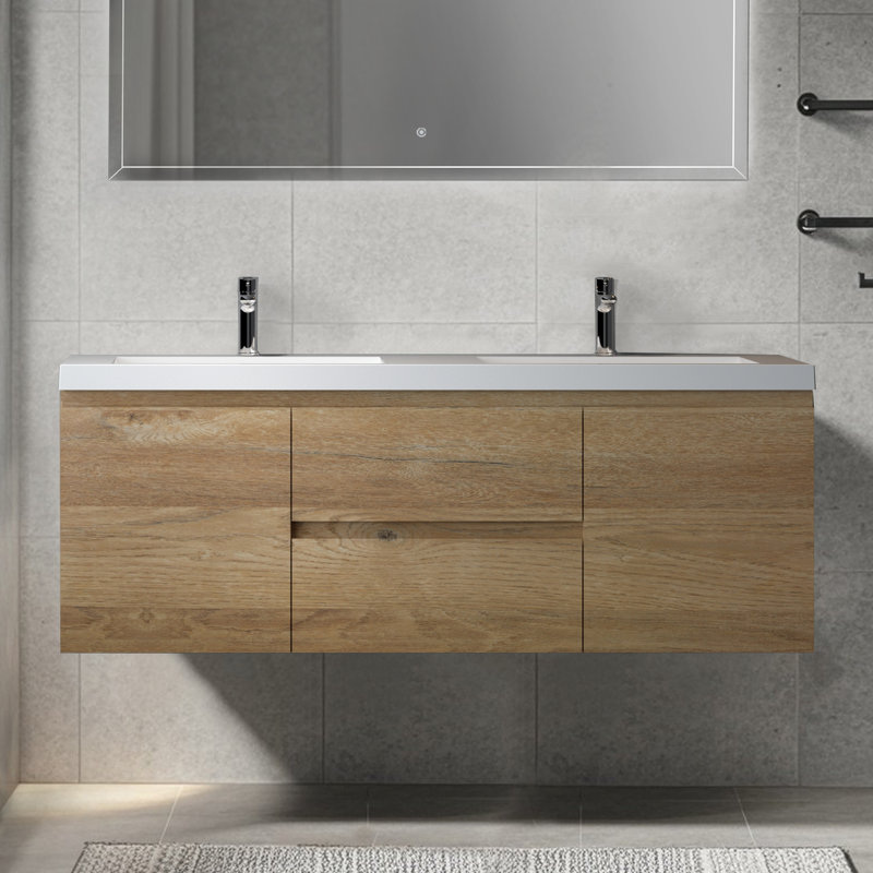 60-Inch Wall-Mounted Floating Bath Vanity In Natural Oak With Double White Solid Surface Sink Top, Natural Oak