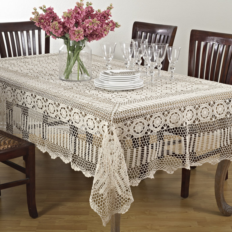Medallion Collection Handmade Crochet Lace Cotton Tablecloth, Beige, 90" L x 72" W