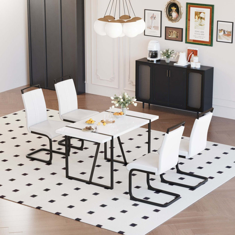 Ensemble de table de salle à manger 55 po en MDF industriel et 4 chaises sans accoudoirs en polyuréthane, Blanc