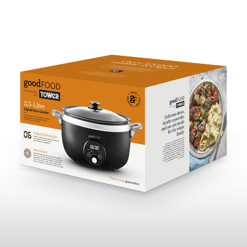 GF16011 Good Food in partnership with Tower 6.5L Digital Slow Cooker with 3 Heat Settings, Delay Function & Timer, Removable Aluminium Pot & Cool Touch Handles on Exterior, Tempered Glass Lid, Black with Stainless Steel Accents