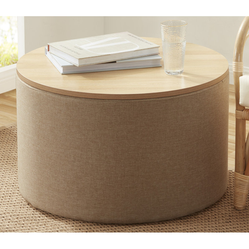 Large Round Storage Ottoman Coffee Table Ottoman With Lift Off Lid, Beige Linen