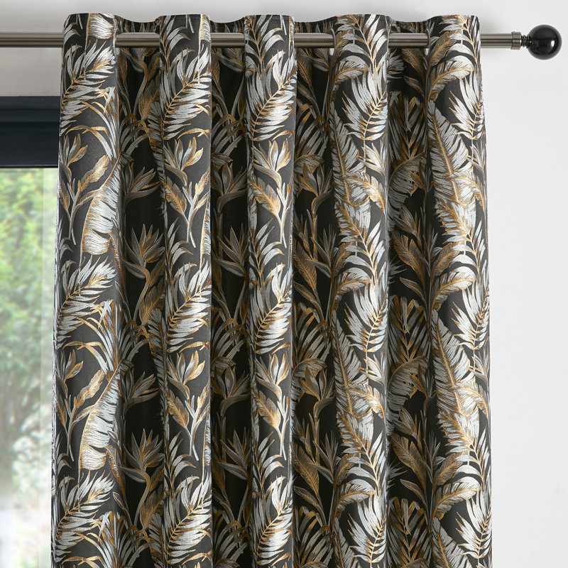 Paradise Palm 100% Polyester Pair of Eyelet Curtains, Black, Width 168 x Drop 183 cm