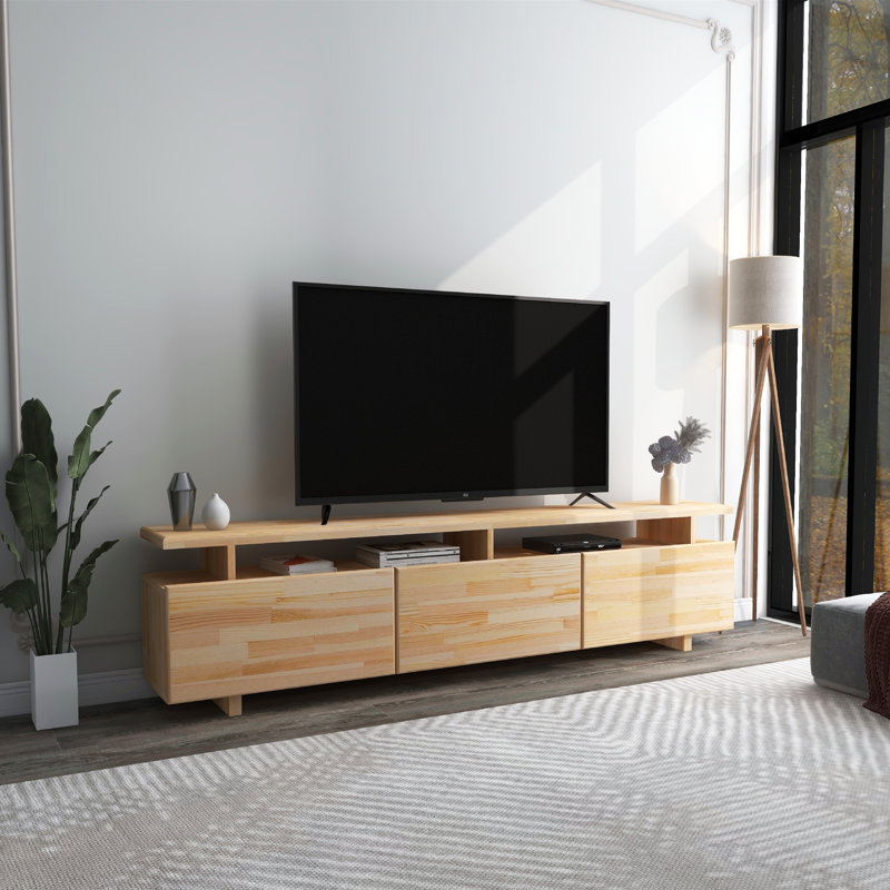 Houa Solid Pine Wood TV Stand for TVs up to 75" with 3 Cabinets & 4 Open Shelves, Natural