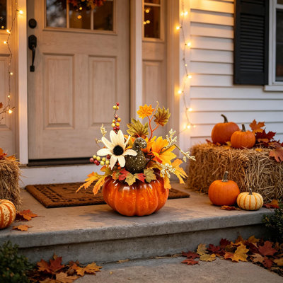 5.9" Artificial Pumpkin Floral Arrangement with Silk Maple Leaves & Berries, Fall Harvest Tabletop Centerpiece for Thanksgiving Home Decor