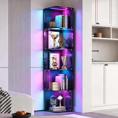 5-Tier Corner Bookshelf with RGB LED Lights, App Control, Motion Sensor, Tempered Glass Panels and MDF Frame