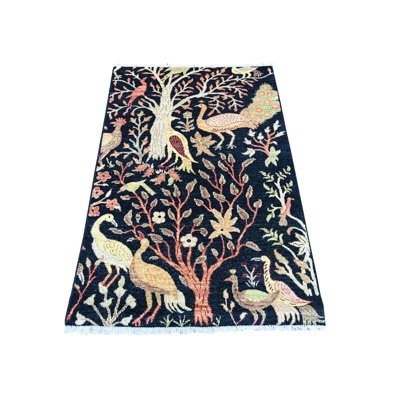 Tapis oriental de style Peshawar afghan 3 pi 3 po x 4 pi 9 po noir, avec motif d'oiseaux de paradis colorés, tapis oriental en laine douce et brillante, colorants végétaux