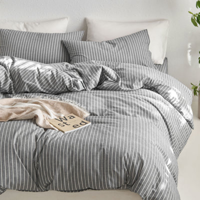 MooMee Striped Duvet Cover Set 100% Washed Cotton Linen Like Textured