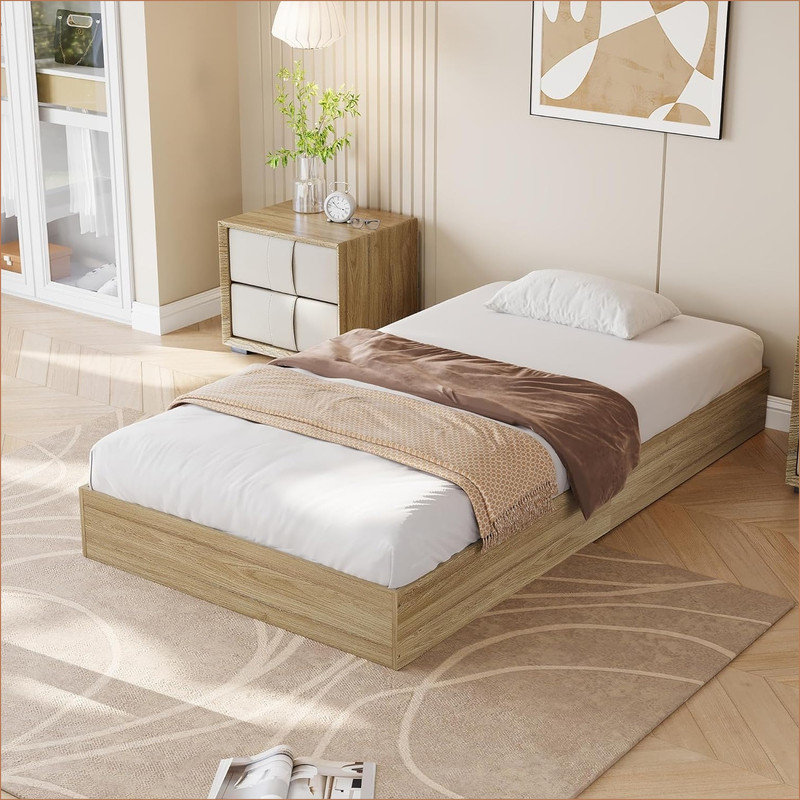 Structure de lit plateforme en bois, lit en bois avec support en lattes de bois et aucun sommier nécessaire, cadre de lit minimaliste facile à assembler sans tête de lit