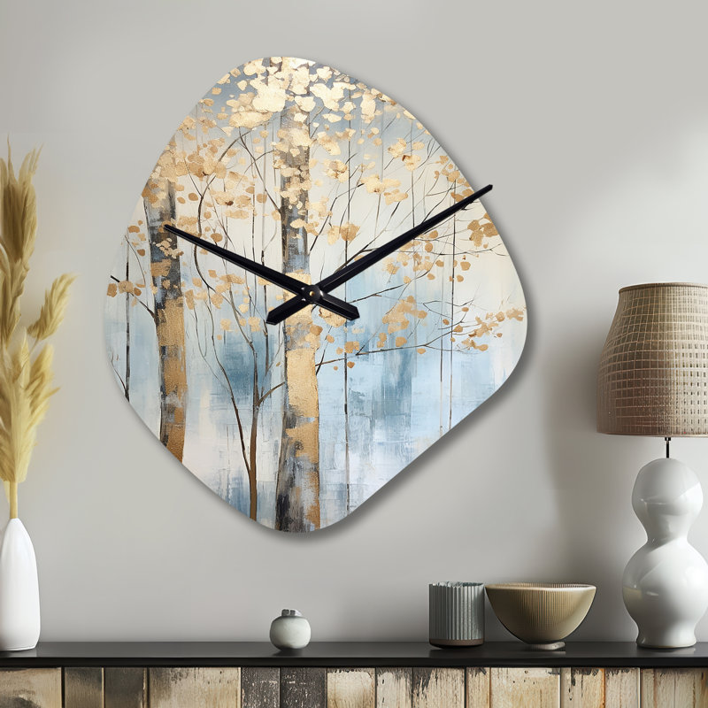 Or et bleu Treasure Trees Scenery II - horloge murale en forme d'arbre unique en métal, Petit