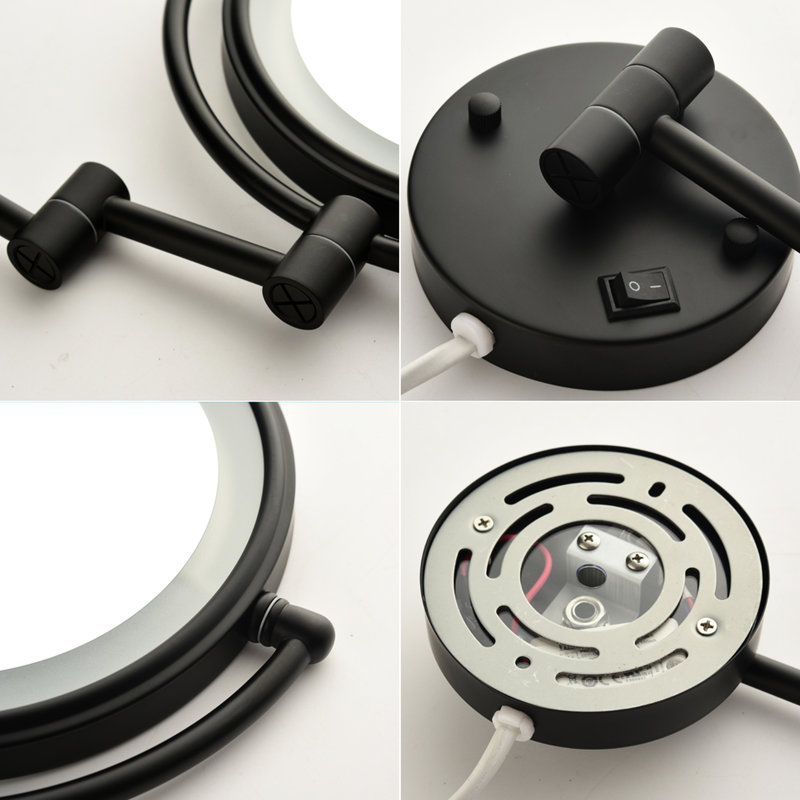 Miroir de salle de bain à DEL à fixation murale à deux grossissements à DEL 8 po - 12 bras extensibles, noir mat, grossissement 1 / 3X, rotation de 360 degrés, bouton imperméable, extension de salle de bain, grossissement, rotation, essentiel pour