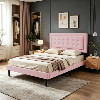 Fabric Upholstered Platform Bed with Solid Wood Slats and Easy Assembly