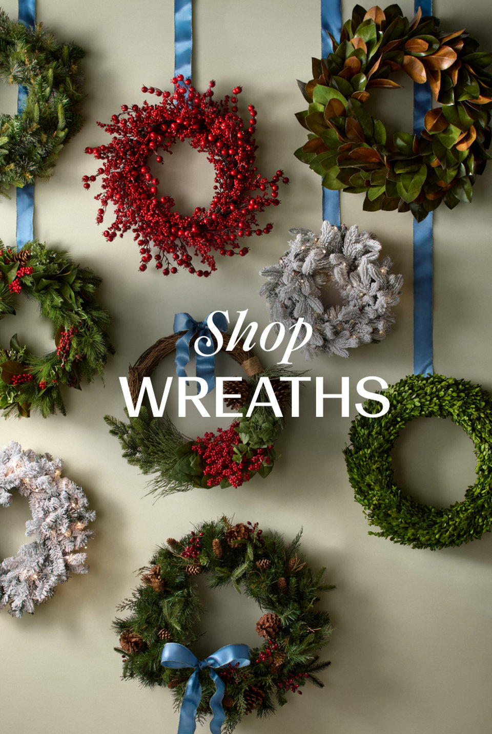 Shop Wreaths with a variety of festive holiday wreaths hanging on a wall, including evergreen, berry, magnolia, and flocked styles.
