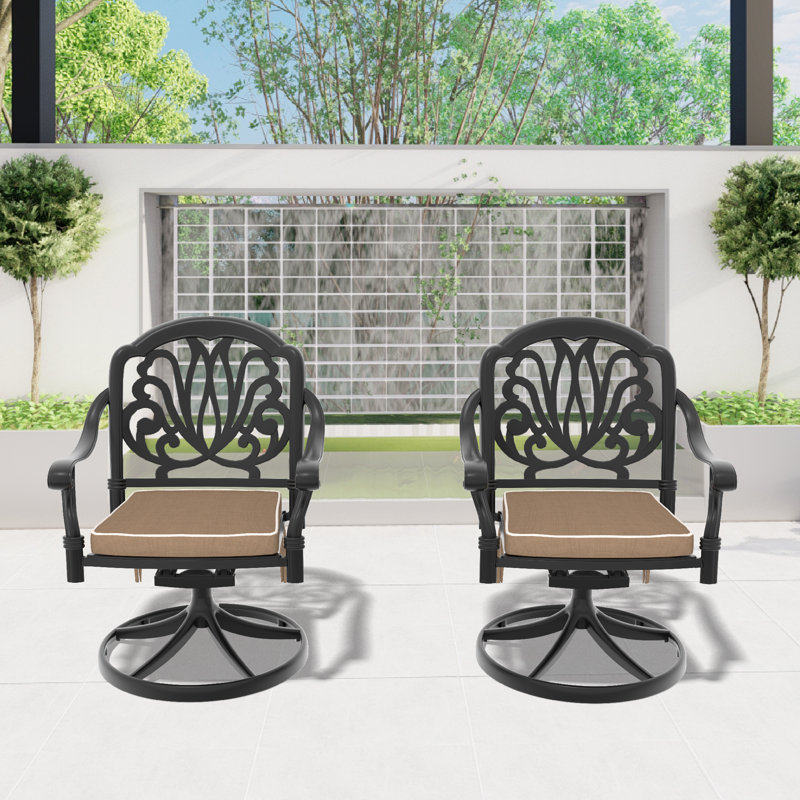 Outdoor Cast Aluminum Swivel Chair, 360° Swivel Function, with Random Color Cushion (Set of 2)