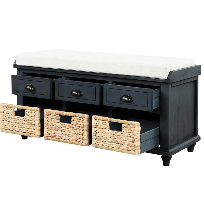 Banc de rangement antique avec 3 tiroirs et cadre en bois stable pour salon et vestibule, Antique Navy