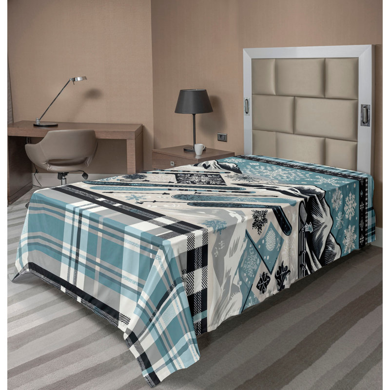 Drap plat moderne de style bohème Ambesonne, Drap plat pour lit simple TG, Carreauté bleu / gris / blanc coquille d'œuf