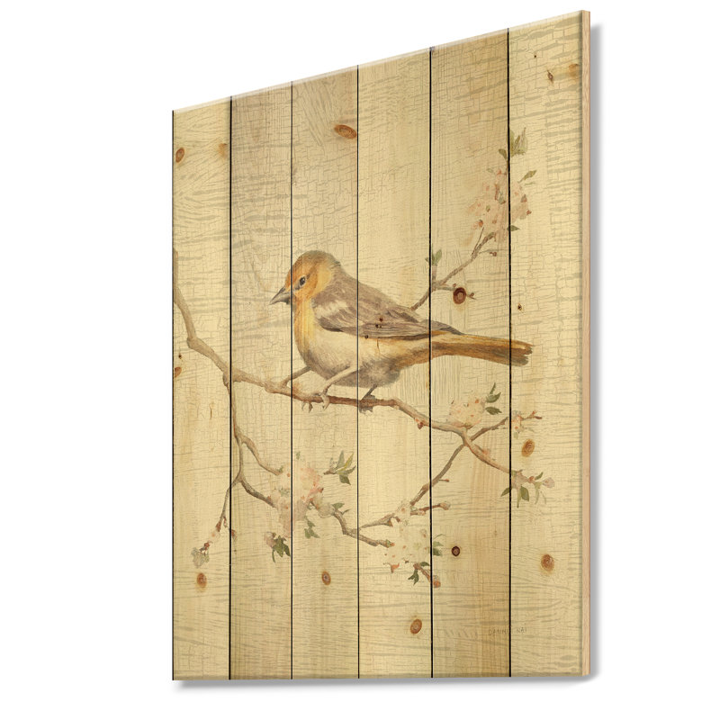 Birds on Blossom II - reproduction de ferme sur bois de pin naturel, H 32 po x l 24 po x P 1 po