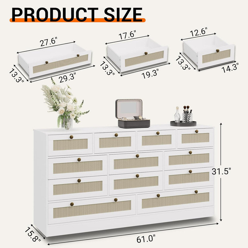 61" Wood Dresser with 12 Rattan Drawers, Modern TV Stand Chest for Bedroom & Living Room, White