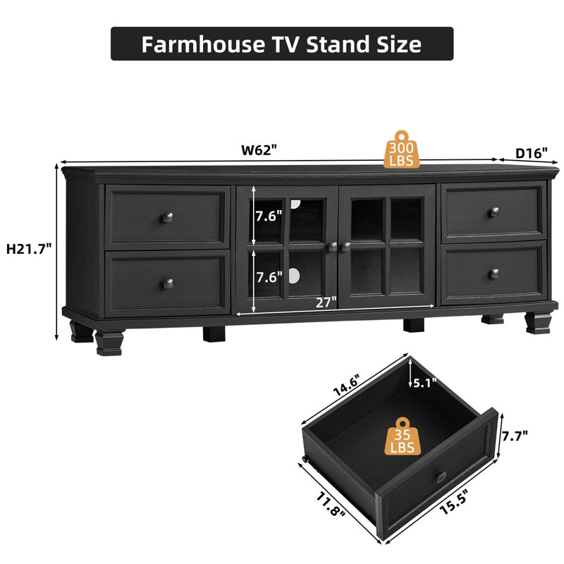 Farmhouse TV Stand for Living Room, Rustic Black Entertainment Center with Storage Cabinet,Wood TV Console with 4 Drawers,Modern TV Stands for Bedroom
