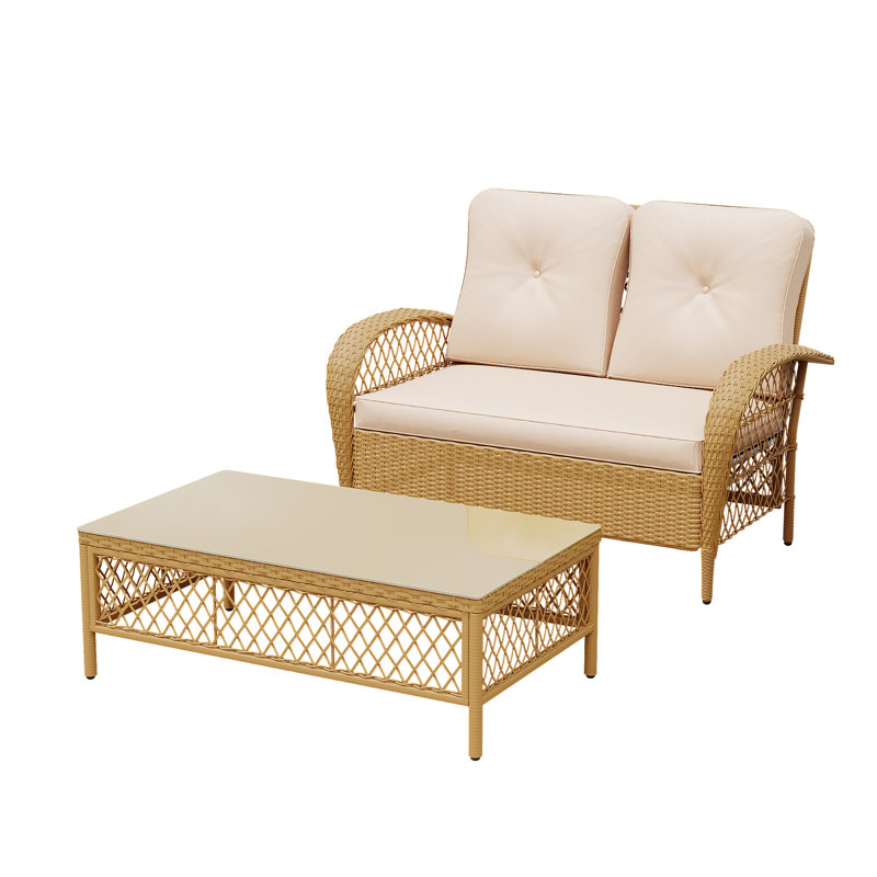 Ensemble de conversation pour causeuse en rotin avec coussins et table basse, Beige, Jaune