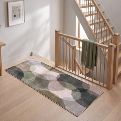 Tapis Vale2 Modern Circles géométrique vert gris blanc, lavable à la machine, antidérapant, à poils courts, pour l'intérieur et l'extérieur, adapté aux animaux domestiques, idéal pour le salon, la chambre, la salle à manger, l'entrée, le corridor ou le bureau.