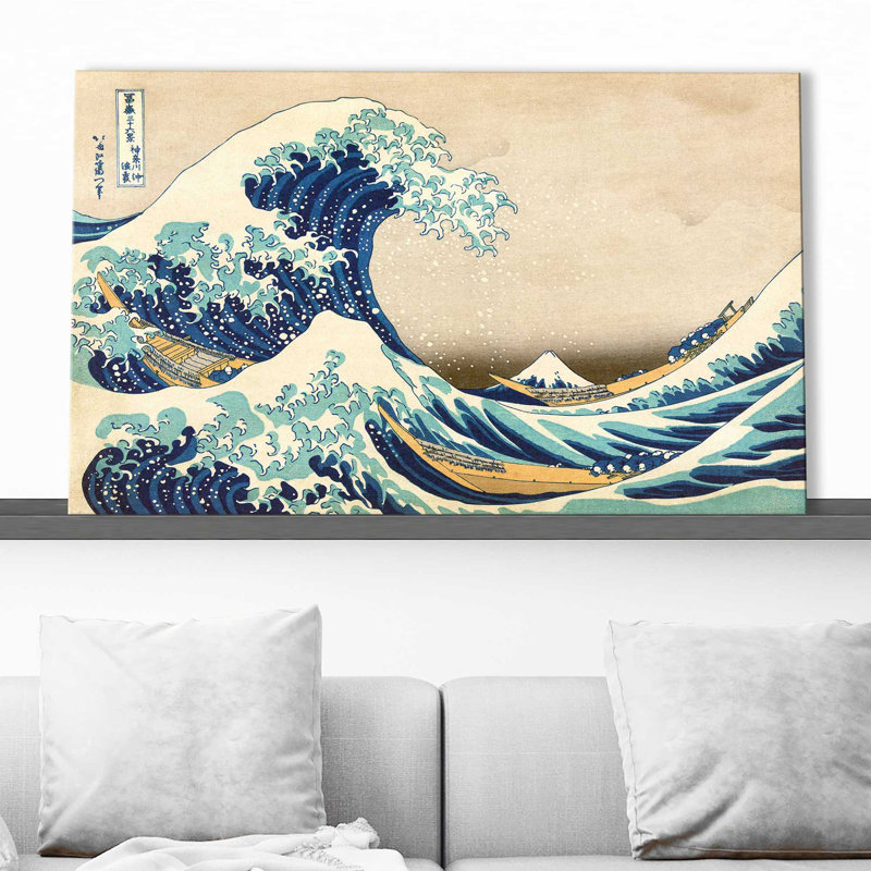 La grande vague de Kanagawa par Katsushika Hokusai - Peinture, H 18 po x l 30 po x P 1 po, Toile tendue