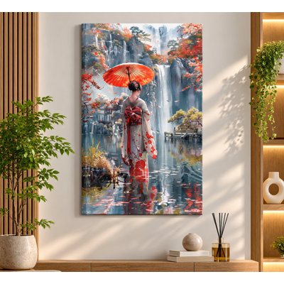 Japanese Geisha by a Waterfall Canvas Wall Art