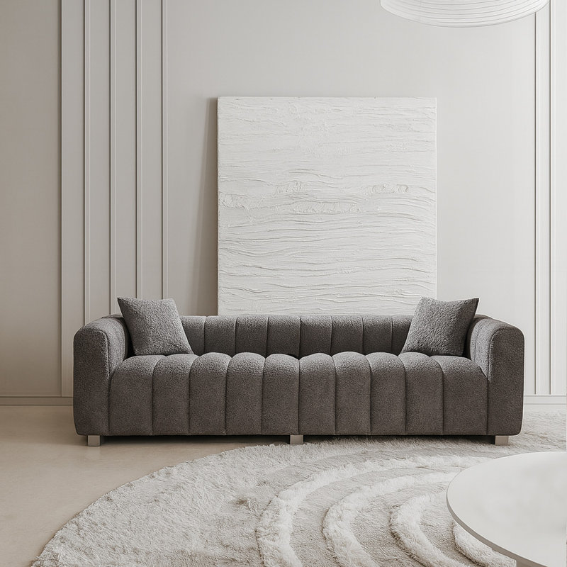 87" Modern Velvet Upholstered Sofa with Low Backrest, 3-Seater Couch, Gray