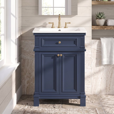 Armoire de salle de bain 24 pouces en bois massif + panneau de fibres à densité moyenne rétro avec portes à fermeture douce et tablette réglable