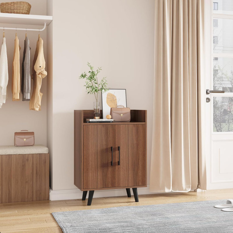 Shoe Cabinet, 3-Tier Freestanding Shoe Rack With Doors And Legs FSSR023, Walnut