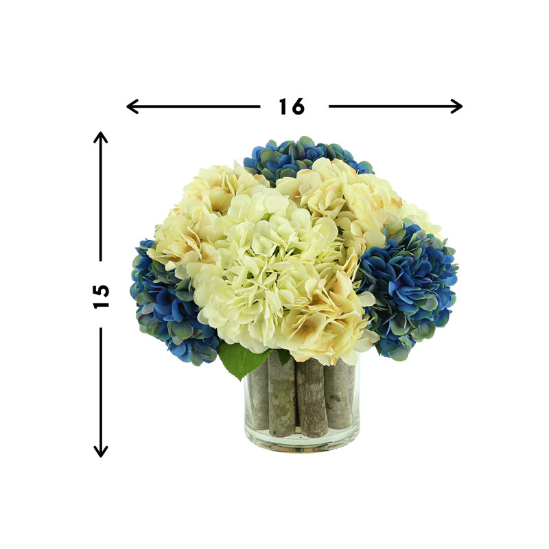 Assorted Hydrangeas Arranged in Glass Vase with Birch Sticks, Blue/Cream