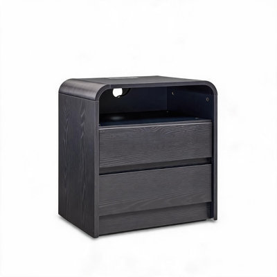 23.62" Wide Curved Wood Grain Nightstand with Drawers & Open Storage Shelf, Rounded Edge Bedside End Table with Cable Management Hole for Bedroom and Living Room Decor, Black