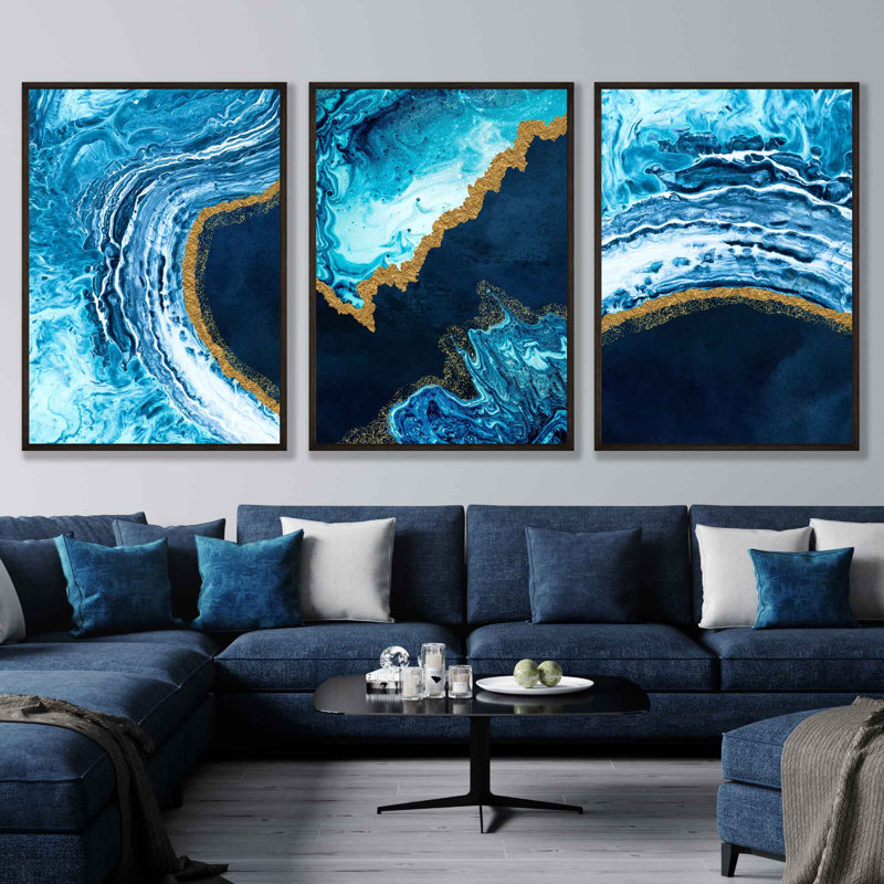 Oceans Retreat - 3 Piece Single Picture Frame Painting Set, 43cm H x 33cm W , Black