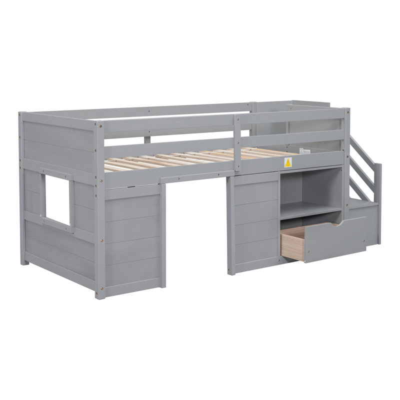 Lit mezzanine bas en bois massif avec escalier, tiroir et tablette, parfait pour les chambres d'enfants avec amplement d'espace de rangement et de jeu