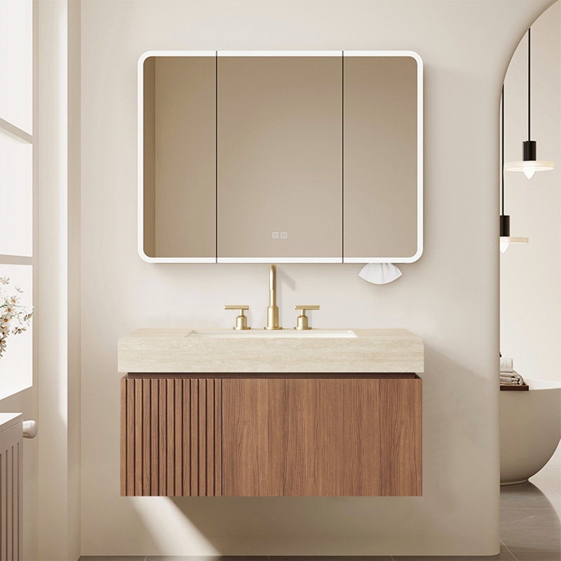 Meuble-lavabo de salle de bain luxueux en pierre frittée Mid-Century